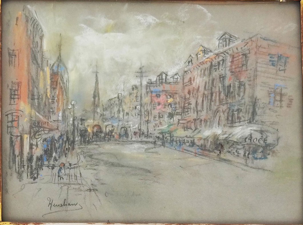 Street with a Domed Tower and Caf&eacute; Awnings by Henshaw