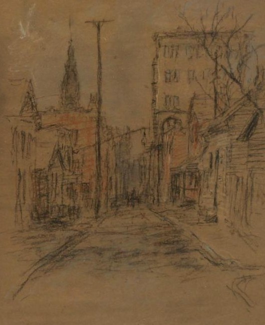 Street with Spire and Telegraph Pole by Henshaw