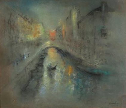 Misty Canal with a Bridge and Gondola by Henshaw