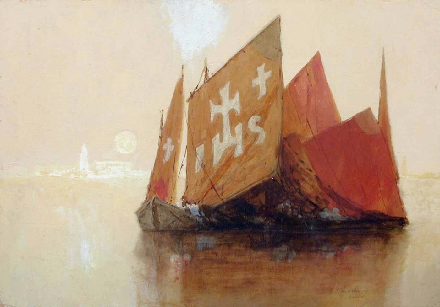 Sailing Barges with Painted Sails at Moonrise, Venice by Henshaw